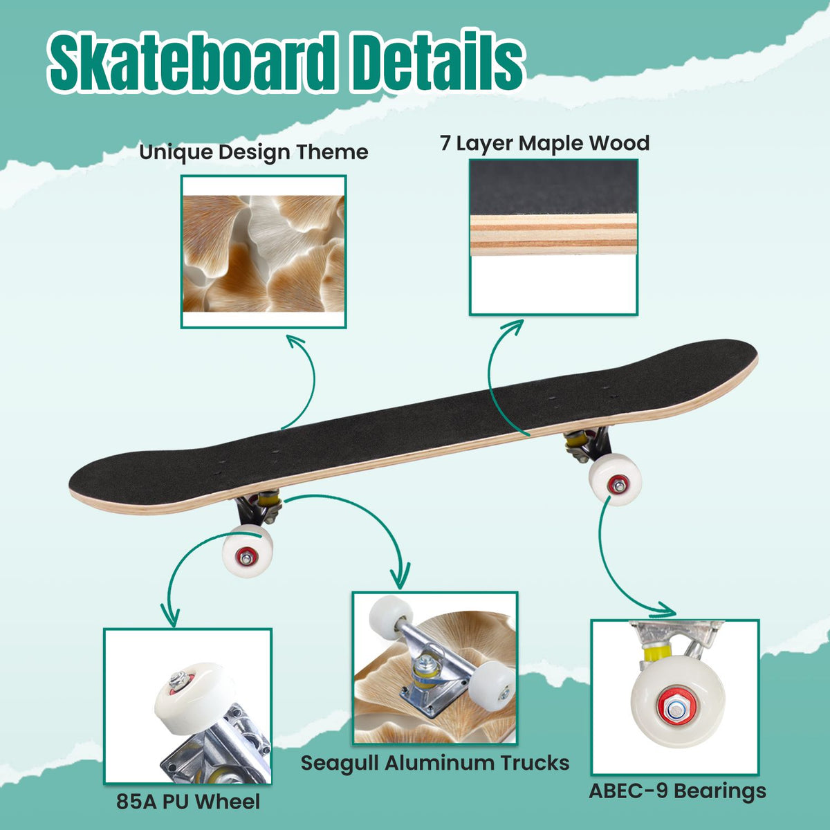 Beige Waves Flowing Lines 3D Effect 31" x 8" Complete Skateboard, 7-Ply Canadian Maple Double Kick Trick Board for Kids and Beginners Adult Gifts