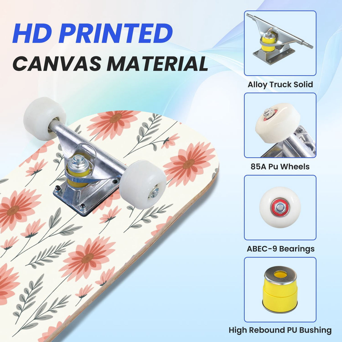 31"x8" Complete Skateboards for Beginners, Pink Floral Ribbon Roses Bows White Double Kick 7 Ply Canadian Maple Deck Skateboard with Wheels, Gifts for Girls Teens