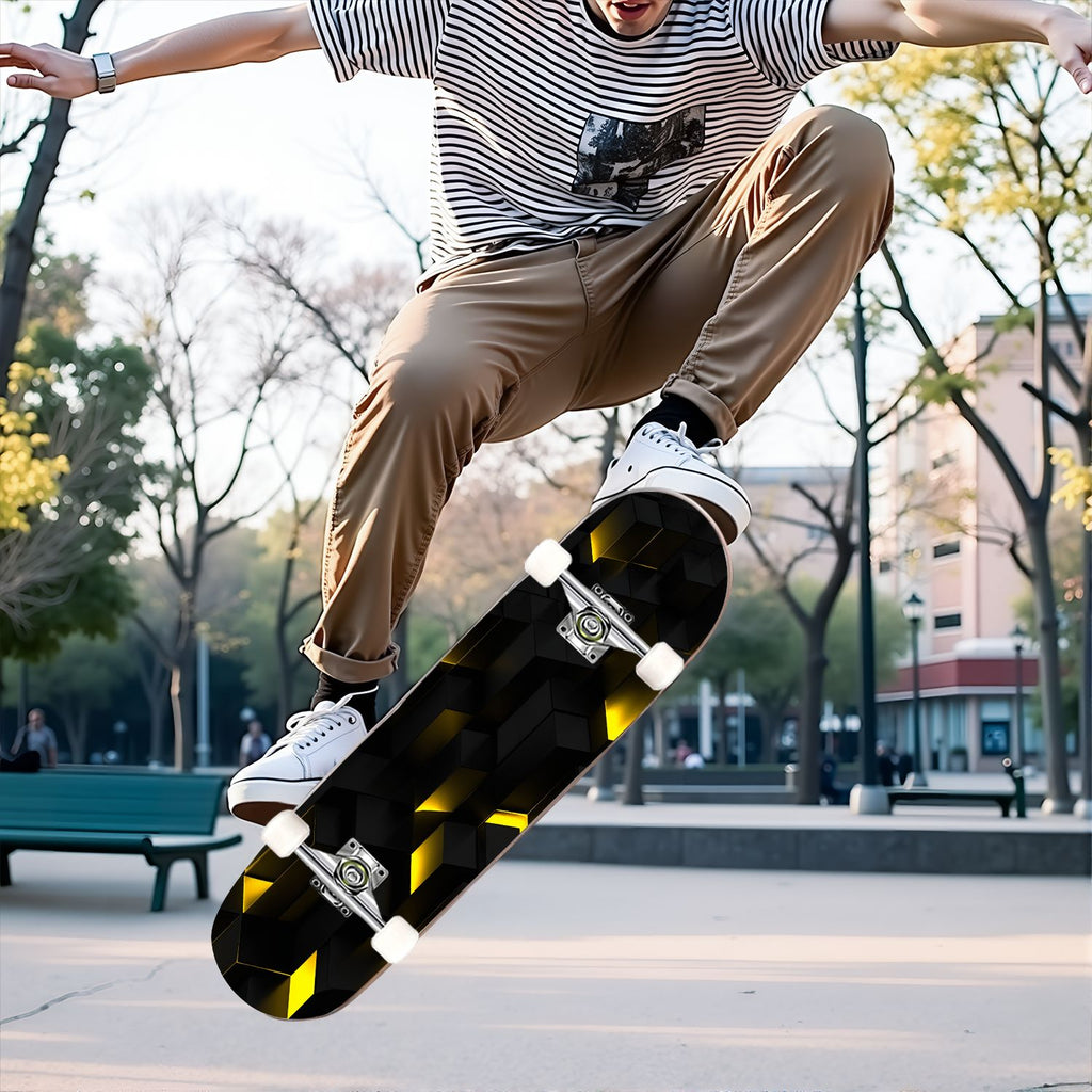31"x8" Complete Skateboards for Beginners, Honeycomb Futuristic Hexagonal Neon Glowing Orange Light Double Kick 7 Ply Canadian Maple Deck Skateboard with Wheels, Gifts for Kids Teens