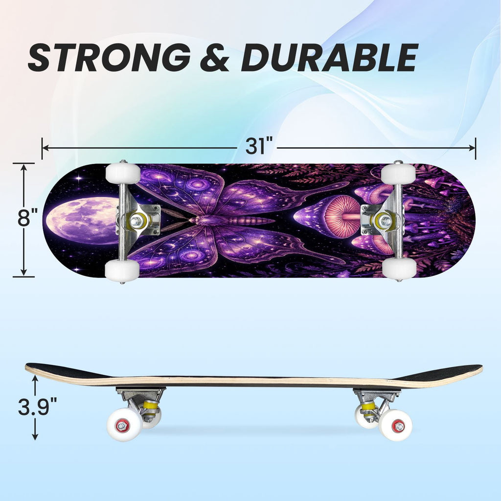 31"x8" Complete Skateboards for Beginners, Mystical Purple Butterfly Glowing Mushrooms Under Full Moon Double Kick 7 Ply Canadian Maple Deck Skateboard with Wheels, Gifts for Kids Teens