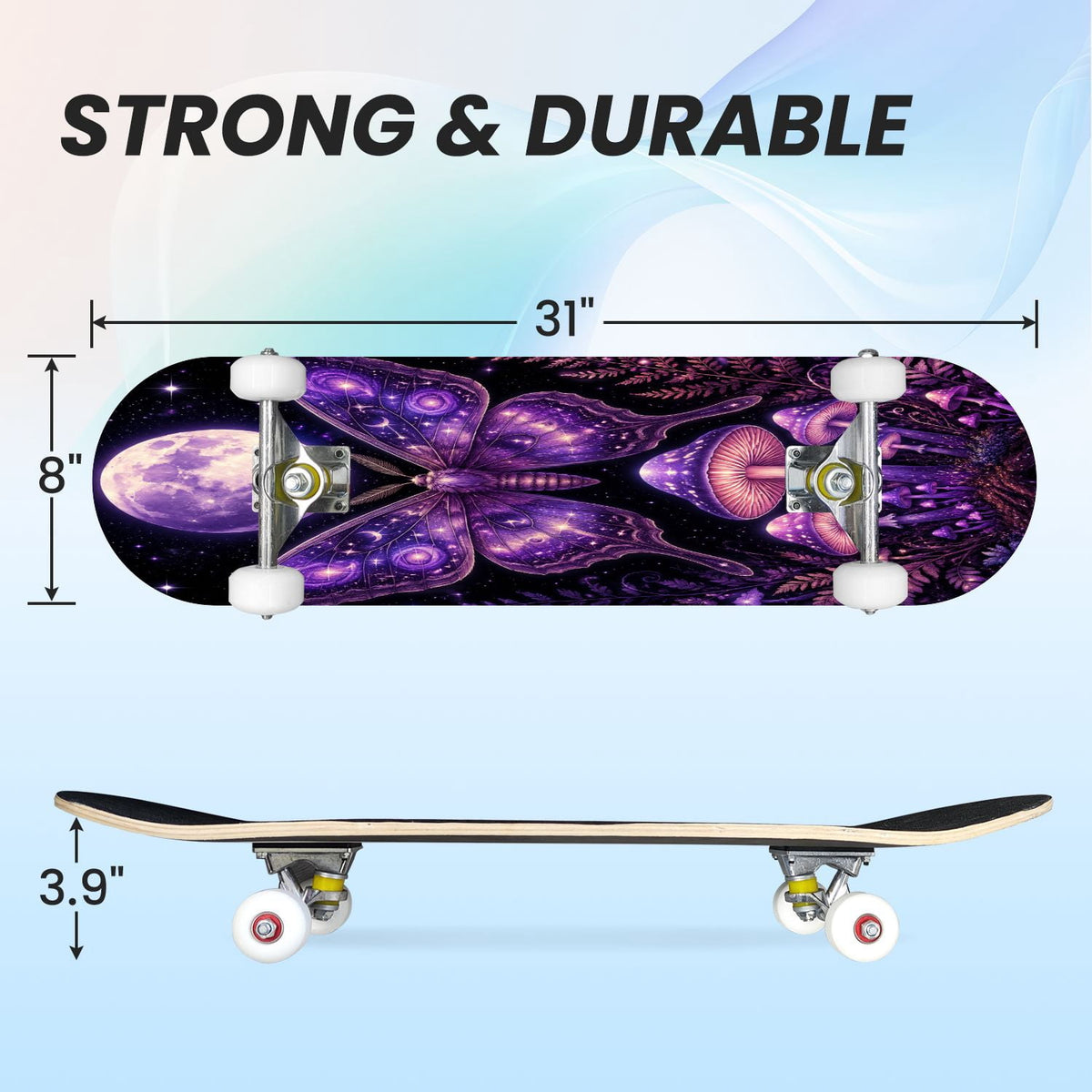 31"x8" Complete Skateboards for Beginners, Purple Floral Roses Butterfly Starry Vintage Botanical Double Kick 7 Ply Canadian Maple Deck Skateboard with Wheels, Gifts for Kids Teens