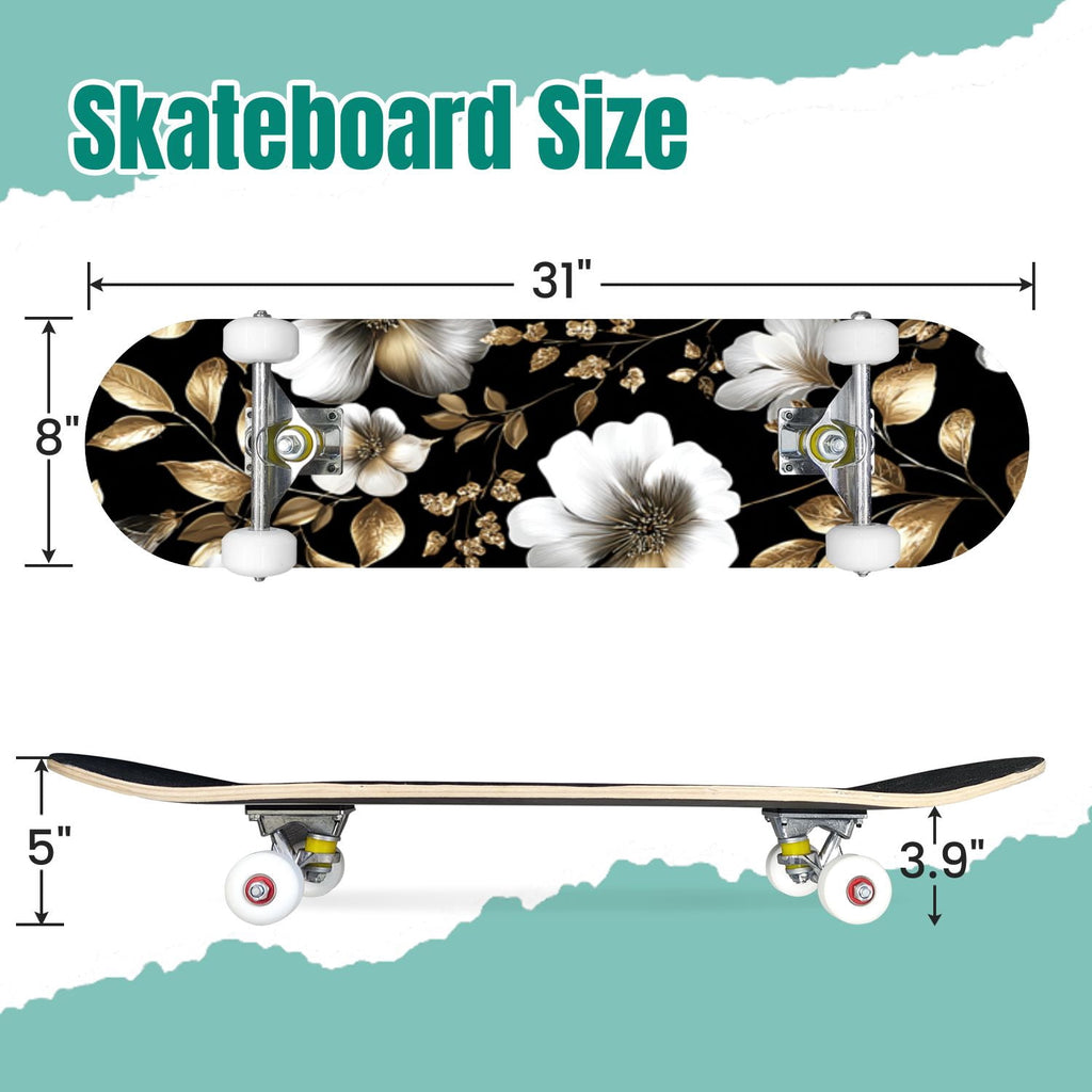 Dark Floral Wildflower Pink Yellow Blue Blooms 31" x 8" Complete Skateboard, 7-Ply Canadian Maple Double Kick Trick Board for Kids and Beginners Adult Gifts