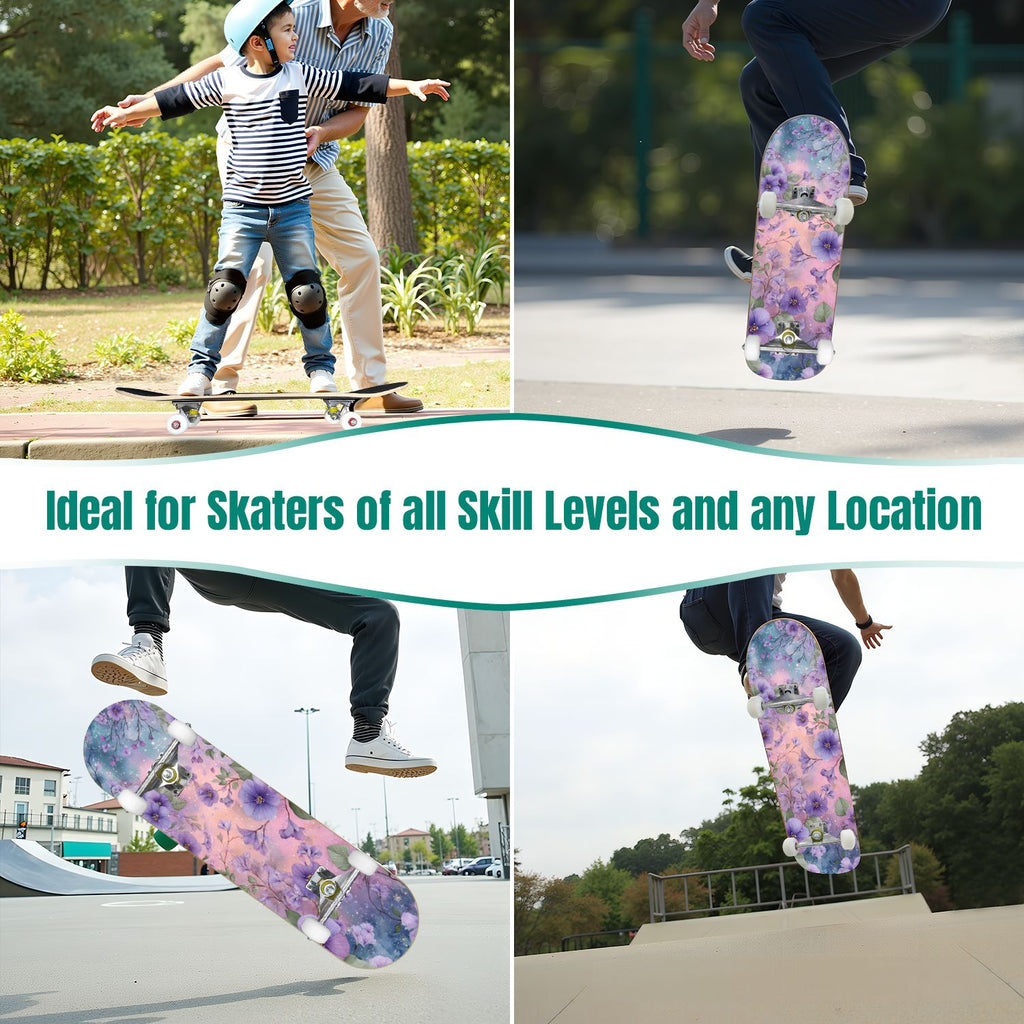 Vintage Floral Bird Sepia Tones 31" x 8" Complete Skateboard, 7-Ply Canadian Maple Double Kick Trick Board for Kids and Beginners Adult Gifts