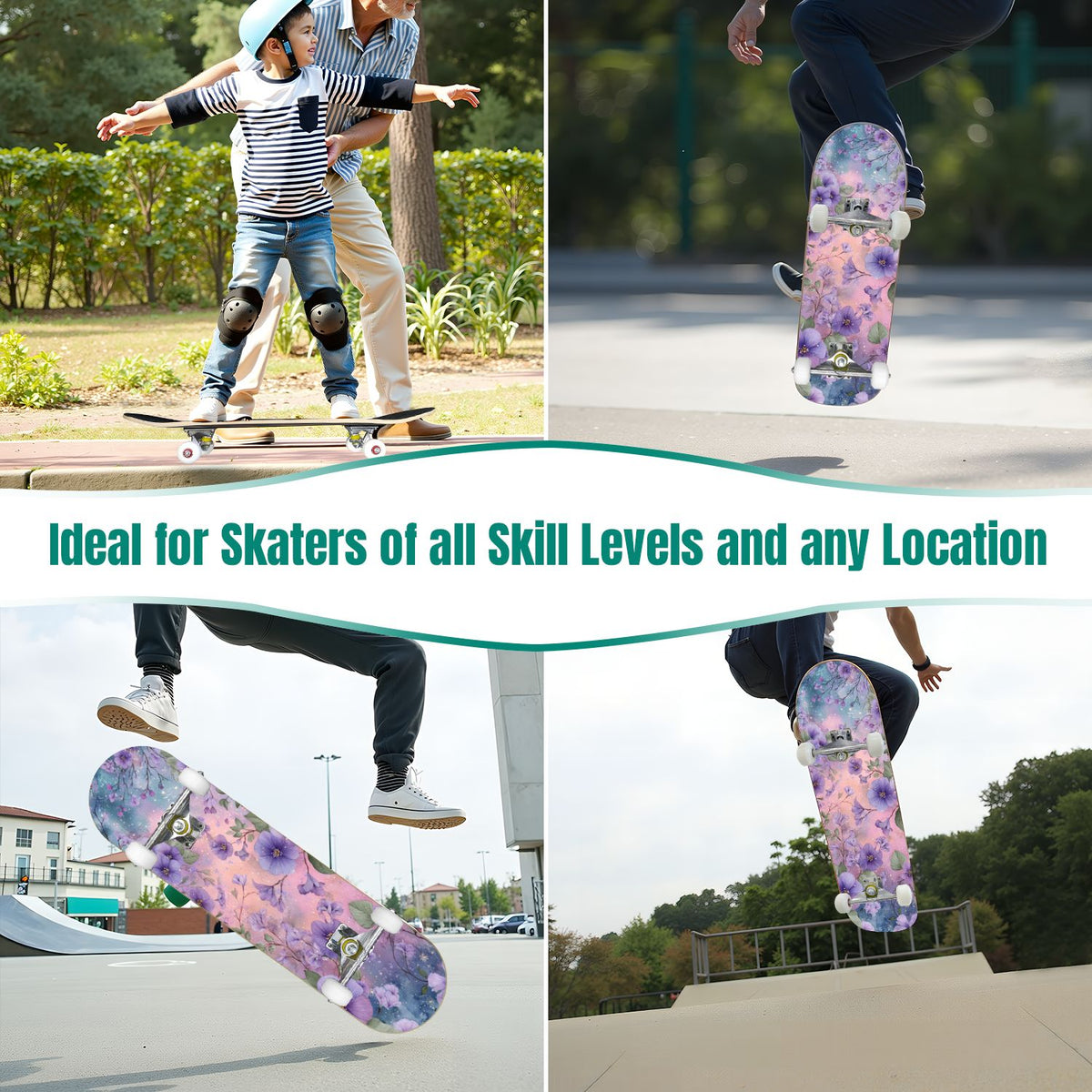 Vintage Floral Bird Sepia Tones 31" x 8" Complete Skateboard, 7-Ply Canadian Maple Double Kick Trick Board for Kids and Beginners Adult Gifts