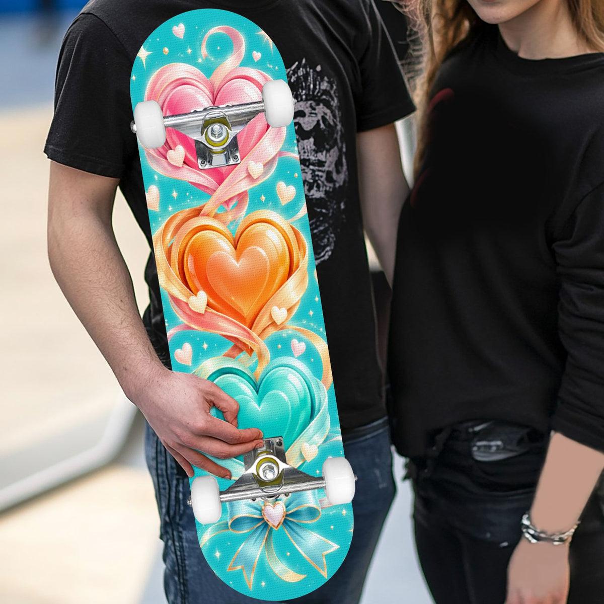 Complete Skateboard Colorful Hearts Graffiti 31 Inch 7-Ply Maple Skateboard with PU Wheels and Aluminum Trucks, Ready-to-Ride Skateboard for Beginners, Teens and Adults