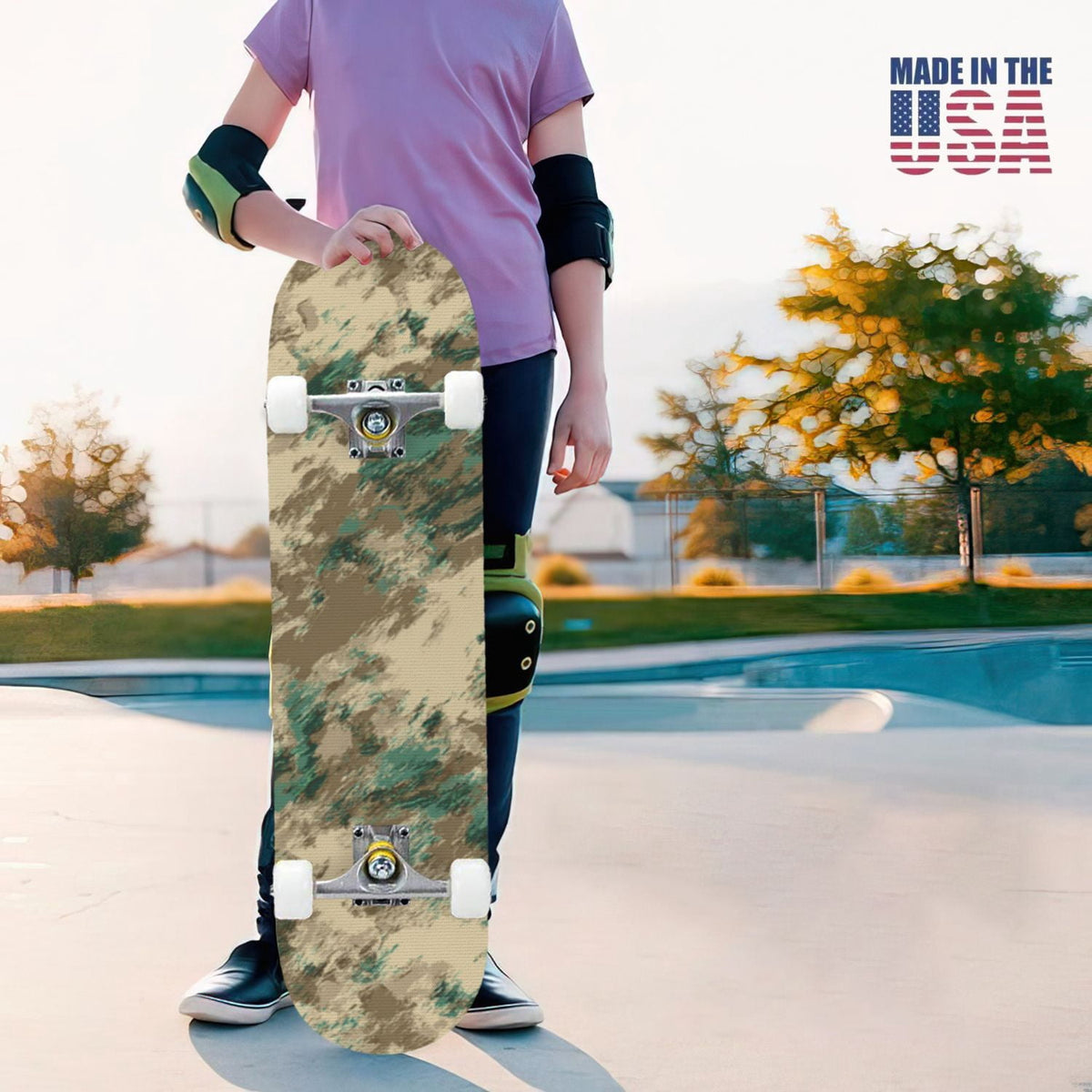 31"x8" Complete Skateboards for Beginners,Abstract Natural Earthy Tones Brush Strokes Camouflage Double Kick 7 Ply Canadian Maple Deck Skateboard with Wheels, Gifts for Kids Teens