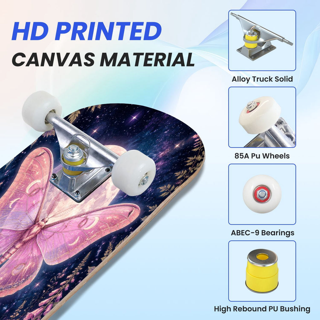31"x8" Complete Skateboards for Beginners, Glowing Bioluminescent Mushrooms Mystical Forest Double Kick 7 Ply Canadian Maple Deck Skateboard with Wheels, Gifts for Kids Teens
