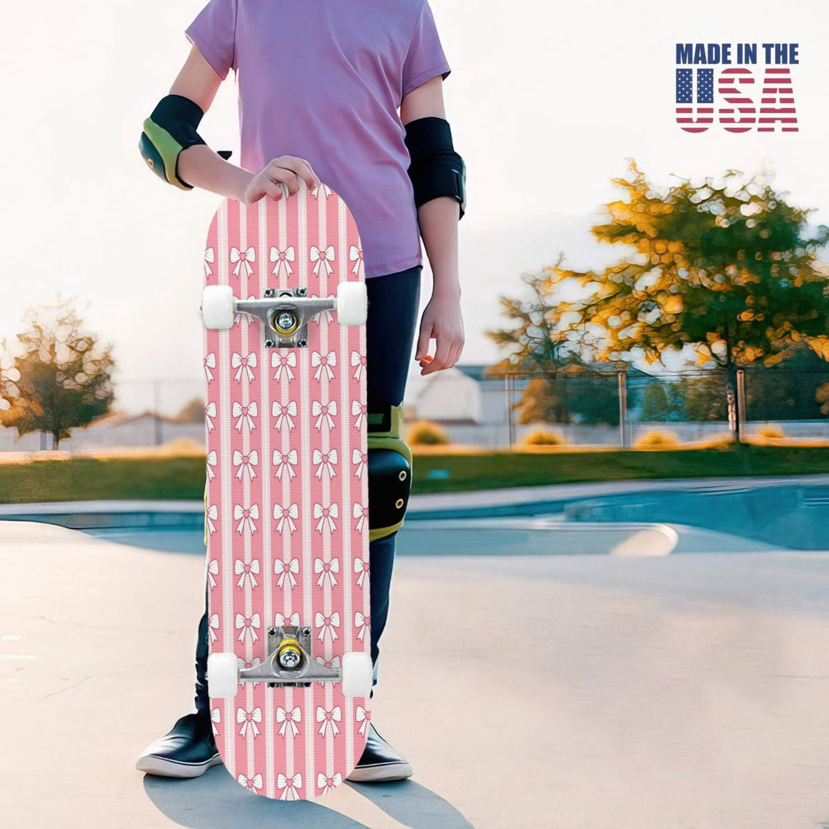 31"x8" Complete Skateboards for Beginners, Pink Floral Striped Delicate Leaves Flowers Botanical Double Kick 7 Ply Canadian Maple Deck Skateboard with Wheels, Gifts for Girls Teens