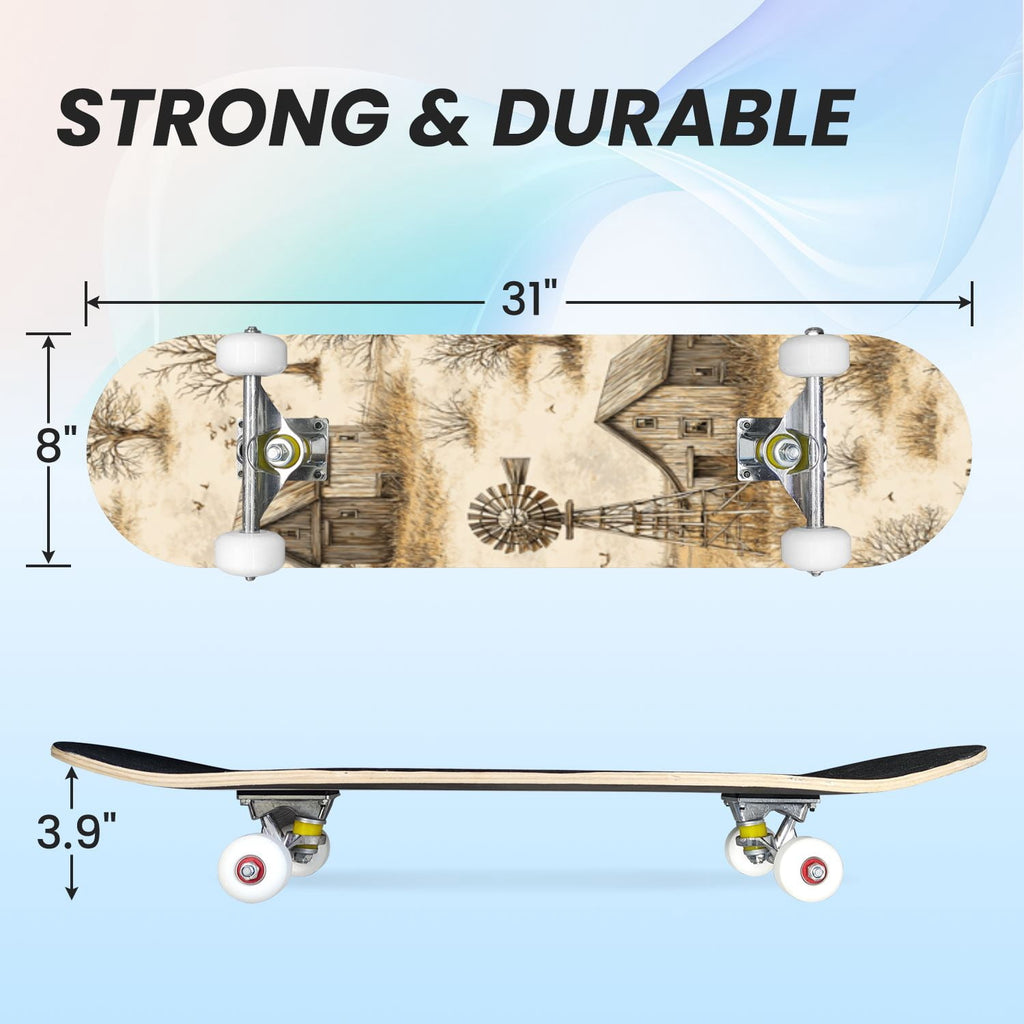 31"x8" Complete Skateboards for Beginners,Barn Windmill Artwork Rustic Barn Wood Farm Windmill Double Kick 7 Ply Canadian Maple Deck Skateboard with Wheels, Gifts for Kids Teens