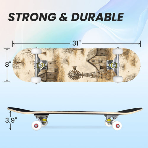 31"x8" Complete Skateboards for Beginners,Barn Windmill Artwork Rustic Barn Wood Farm Windmill Double Kick 7 Ply Canadian Maple Deck Skateboard with Wheels, Gifts for Kids Teens
