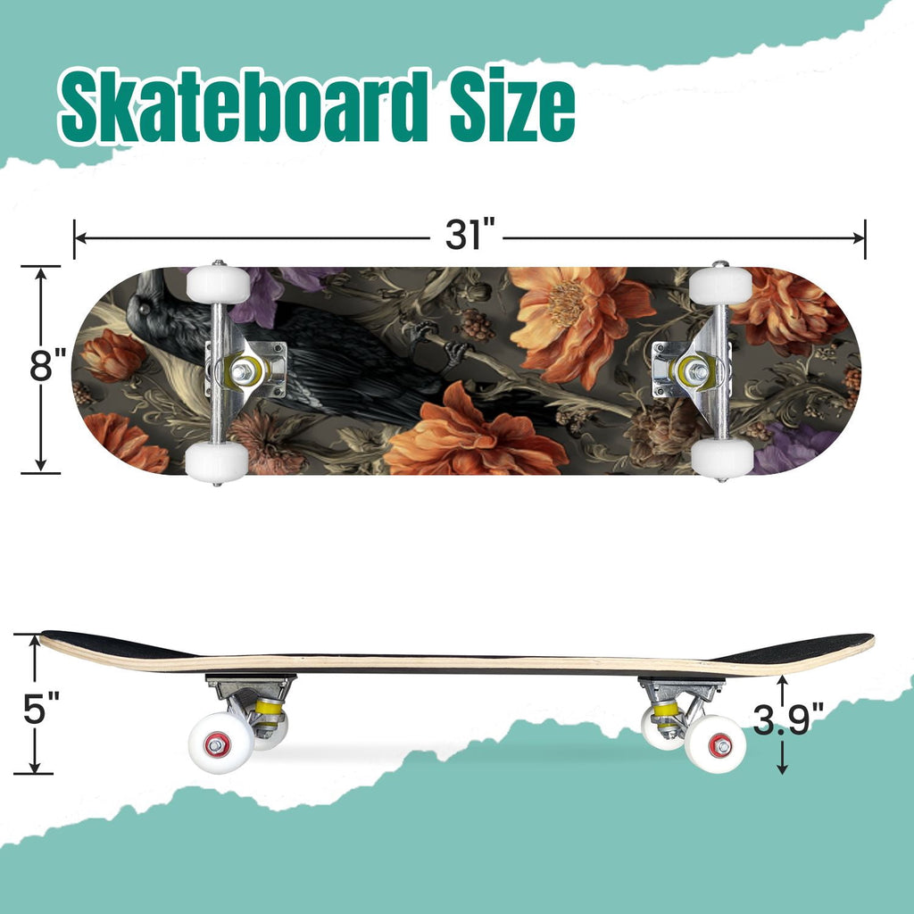 Vibrant Floral Bouquet Pink Roses Bright Colors Teal 31" x 8" Complete Skateboard, 7-Ply Canadian Maple Double Kick Trick Board for Kids and Beginners Adult Gifts