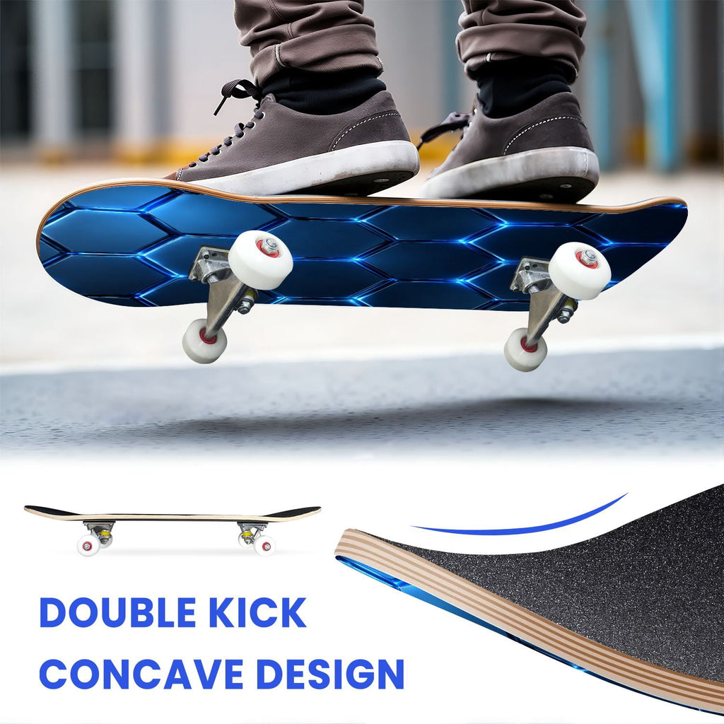 31"x8" Complete Skateboards for Beginners, Modern Abstract Hexagonal Blue Neon Glow Futuristic Double Kick 7 Ply Canadian Maple Deck Skateboard with Wheels, Gifts for Boys Teens