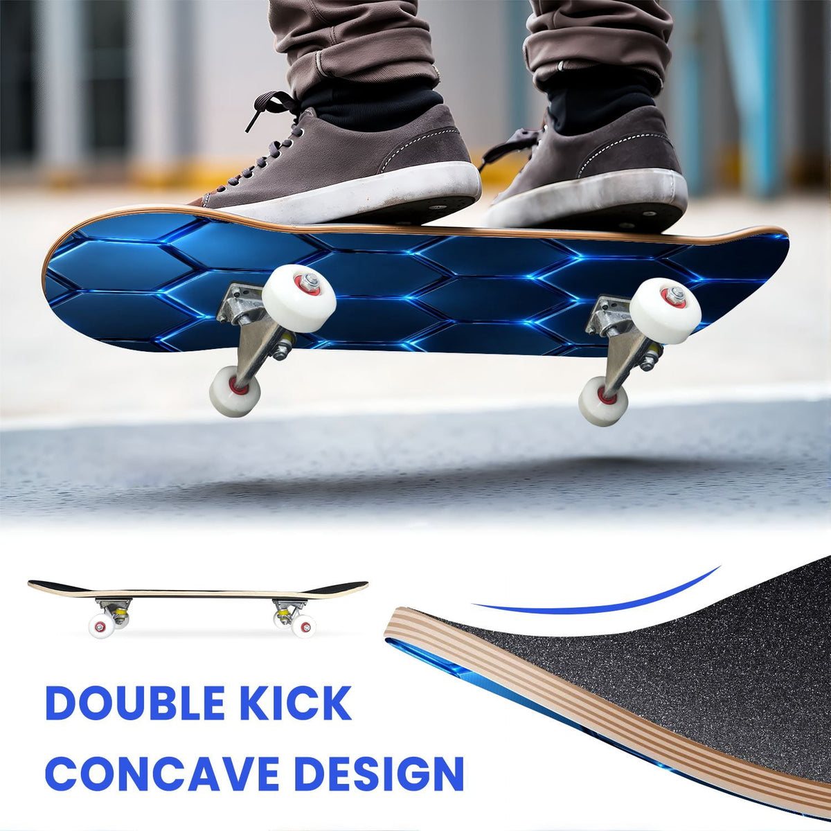 31"x8" Complete Skateboards for Beginners, Modern Abstract Hexagonal Blue Neon Glow Futuristic Double Kick 7 Ply Canadian Maple Deck Skateboard with Wheels, Gifts for Boys Teens