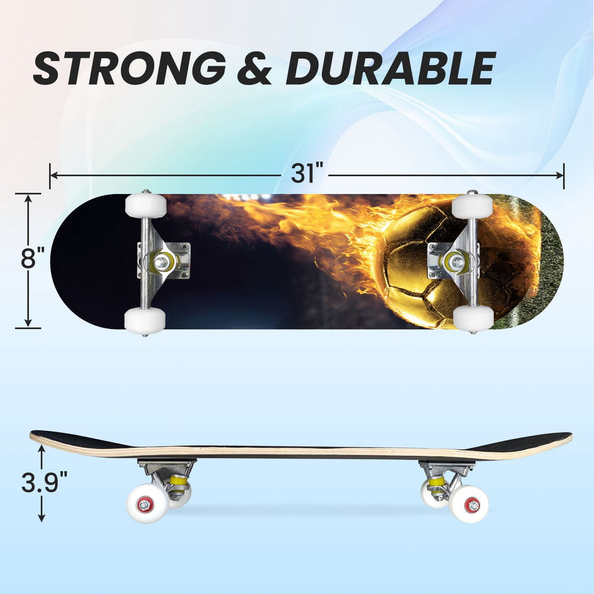 31"x8" Complete Skateboards for Beginners,Orange Basketball Hoop Blue Sky Clouds Double Kick 7 Ply Canadian Maple Deck Skateboard with Wheels, Gifts for Kids Teens