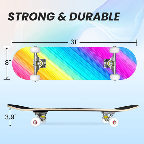 31"x8" Complete Skateboards for Beginners,Vibrant Diagonal Rainbow Gradient Abstract Art Double Kick 7 Ply Canadian Maple Deck Skateboard with Wheels, Gifts for Kids Teens