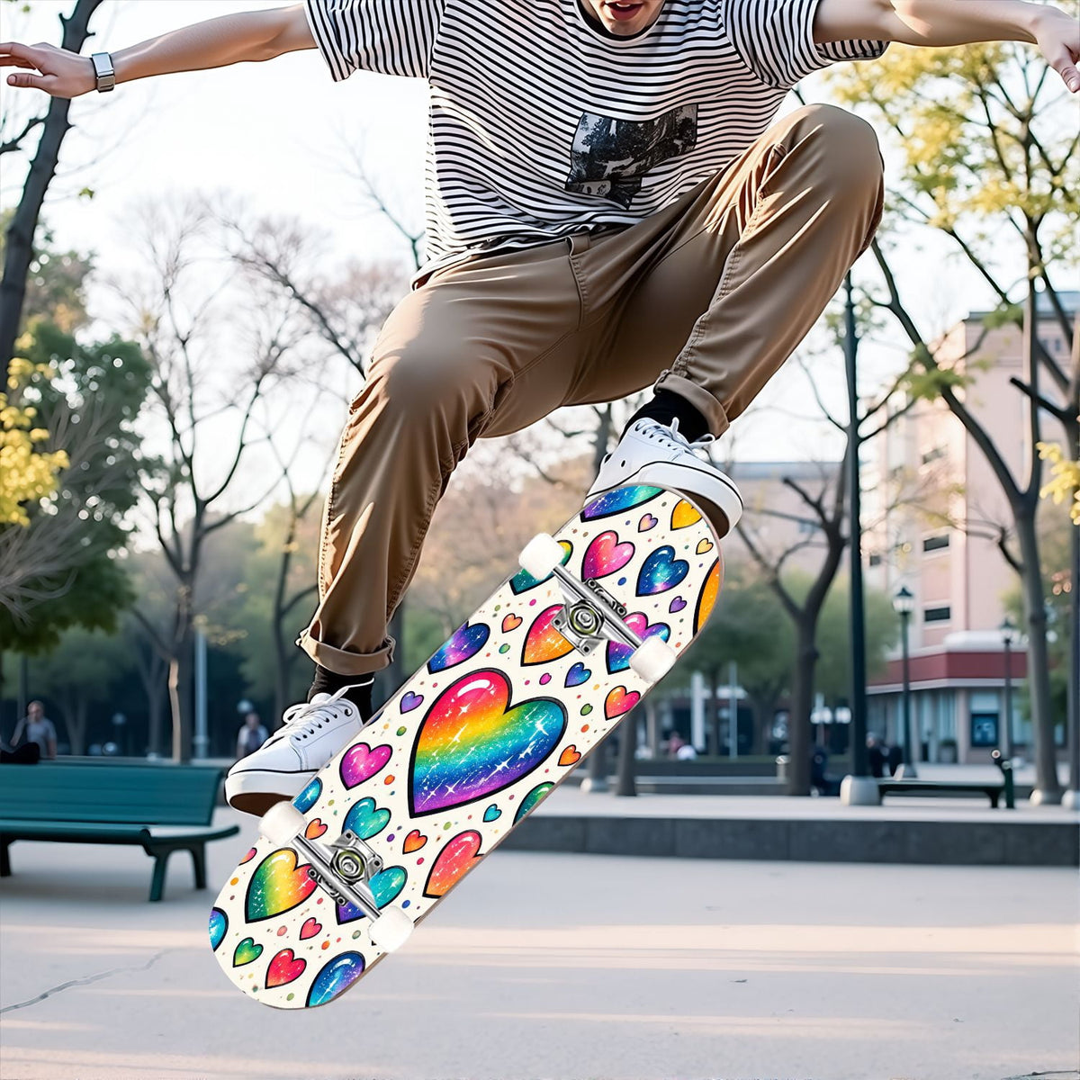 Complete Skateboard Colorful Hearts Graffiti 31 Inch 7-Ply Maple Skateboard with PU Wheels and Aluminum Trucks, Ready-to-Ride Skateboard for Beginners, Teens and Adults