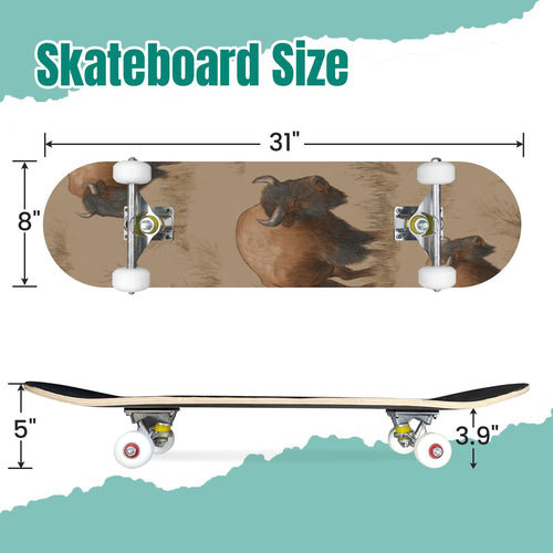 Buffalo Tan Grass Illustrations 31" x 8" Complete Skateboard, 7-Ply Canadian Maple Double Kick Trick Board for Kids and Beginners Adult Gifts