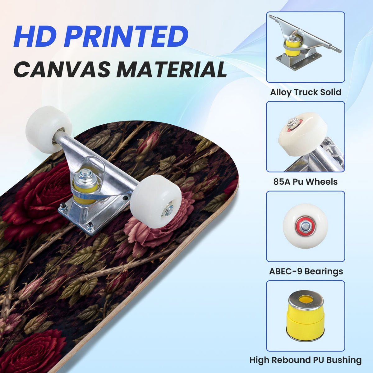 31"x8" Complete Skateboards for Beginners,Cute Ghosts Purple Bows Bats Lilac Halloween Double Kick 7 Ply Canadian Maple Deck Skateboard with Wheels, Gifts for Kids Teens