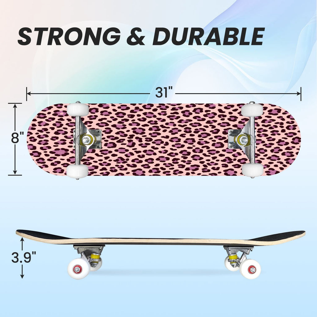 31"x8" Complete Skateboards for Beginners, Pink Floral Ribbon Roses Bows White Double Kick 7 Ply Canadian Maple Deck Skateboard with Wheels, Gifts for Girls Teens