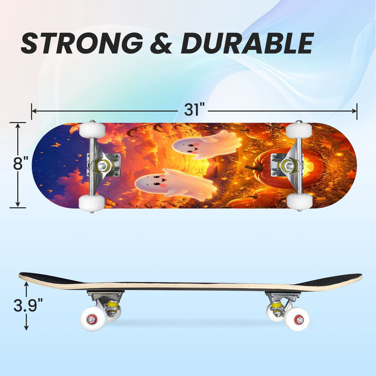 31"x8" Complete Skateboards for Beginners,Halloween Black Cats Pumpkins Ghosts Bats Beige Double Kick 7 Ply Canadian Maple Deck Skateboard with Wheels, Gifts for Kids Teens