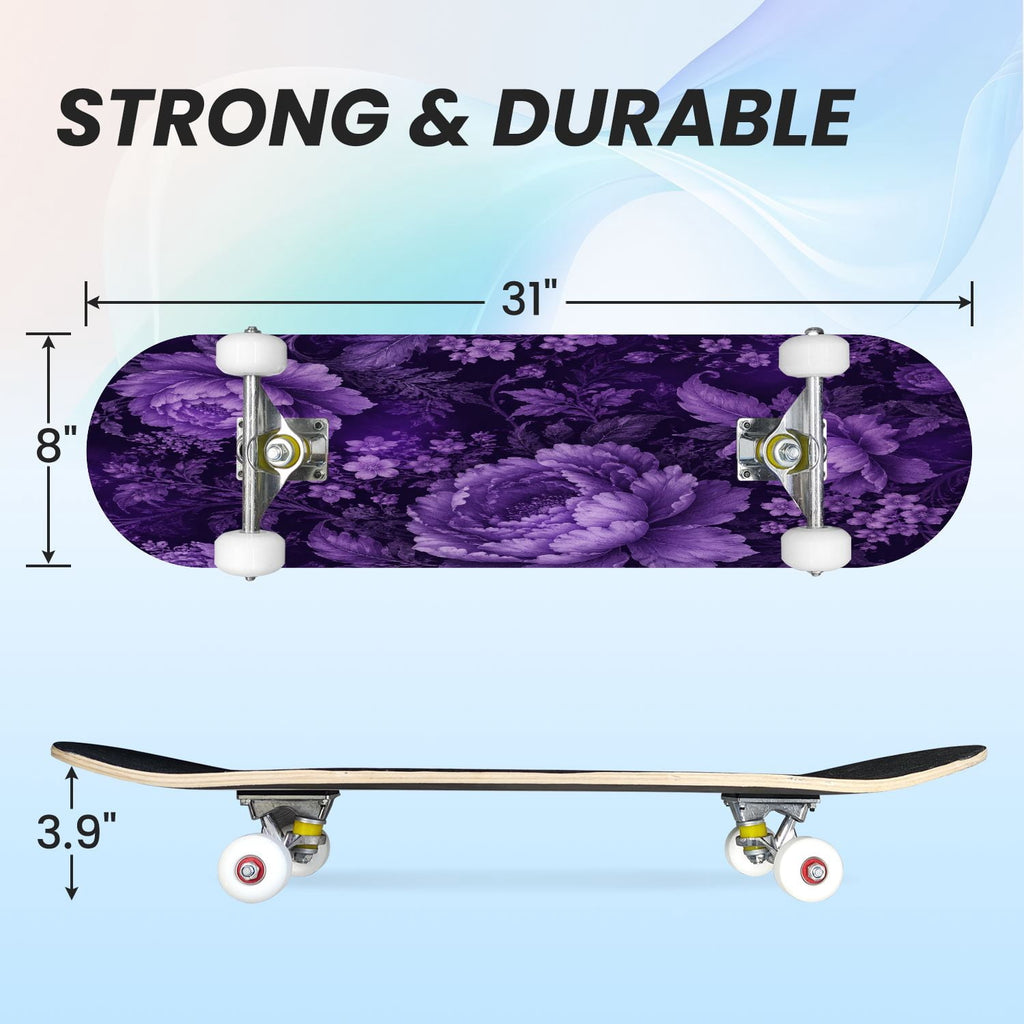 31"x8" Complete Skateboards for Beginners, Purple Celestial Moon Sun Art Floral Stars Double Kick 7 Ply Canadian Maple Deck Skateboard with Wheels, Gifts for Kids Teens
