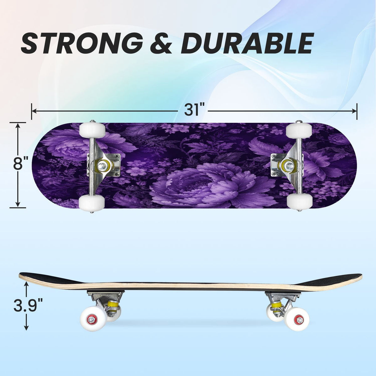 31"x8" Complete Skateboards for Beginners, Purple Celestial Moon Sun Art Floral Stars Double Kick 7 Ply Canadian Maple Deck Skateboard with Wheels, Gifts for Kids Teens