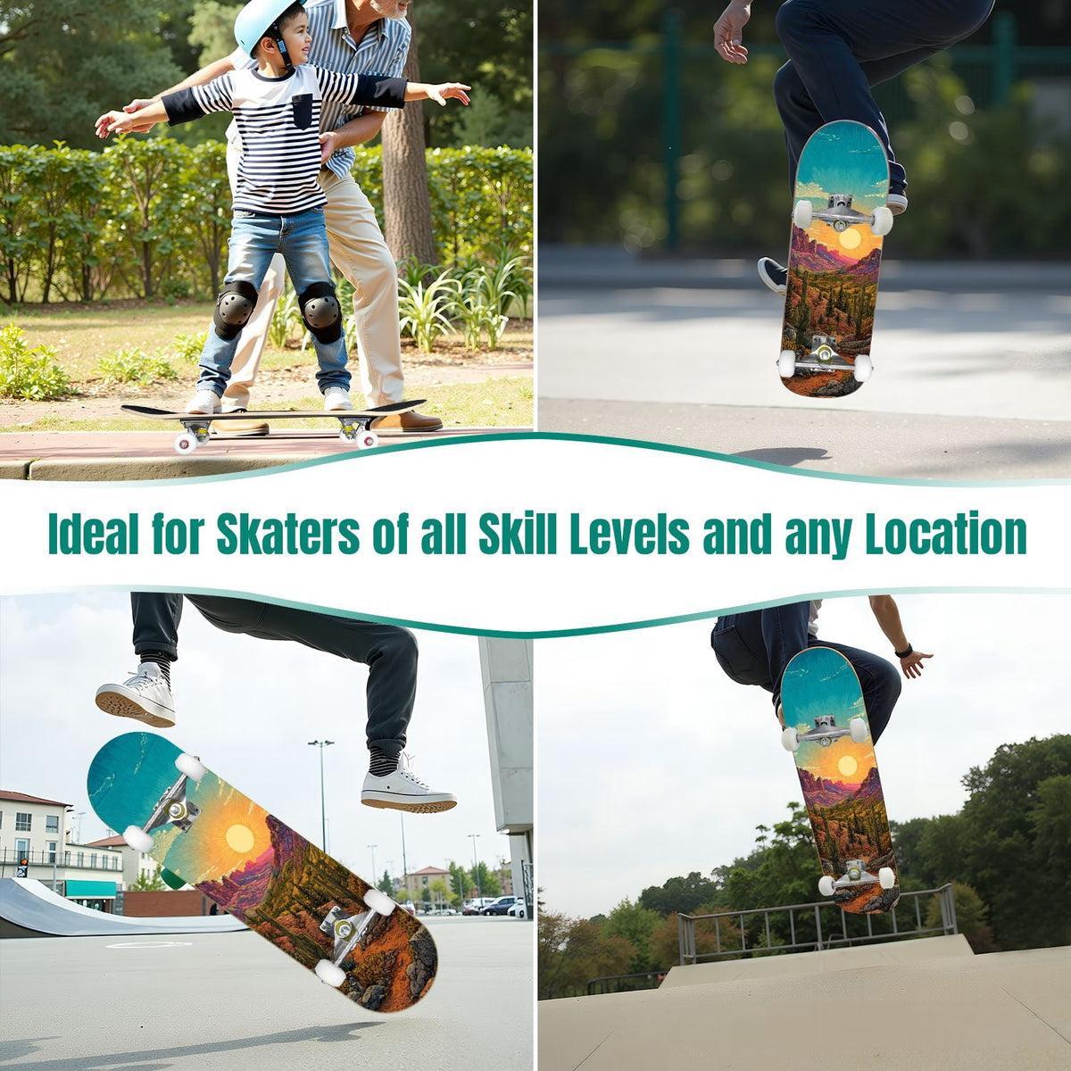 31"x8" Complete Skateboards for Beginners, Blue Deep Sea Sailing Ship Octopus Lighthouse Clouds Ocean Double Kick 7 Ply Canadian Maple Deck Skateboard with Wheels, Gifts for Kids Teens