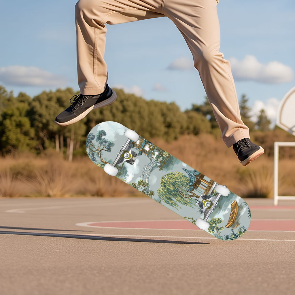 Vintage Damask Light Blue Brown Tones 31" x 8" Complete Skateboard, 7-Ply Canadian Maple Double Kick Trick Board for Kids and Beginners Adult Gifts