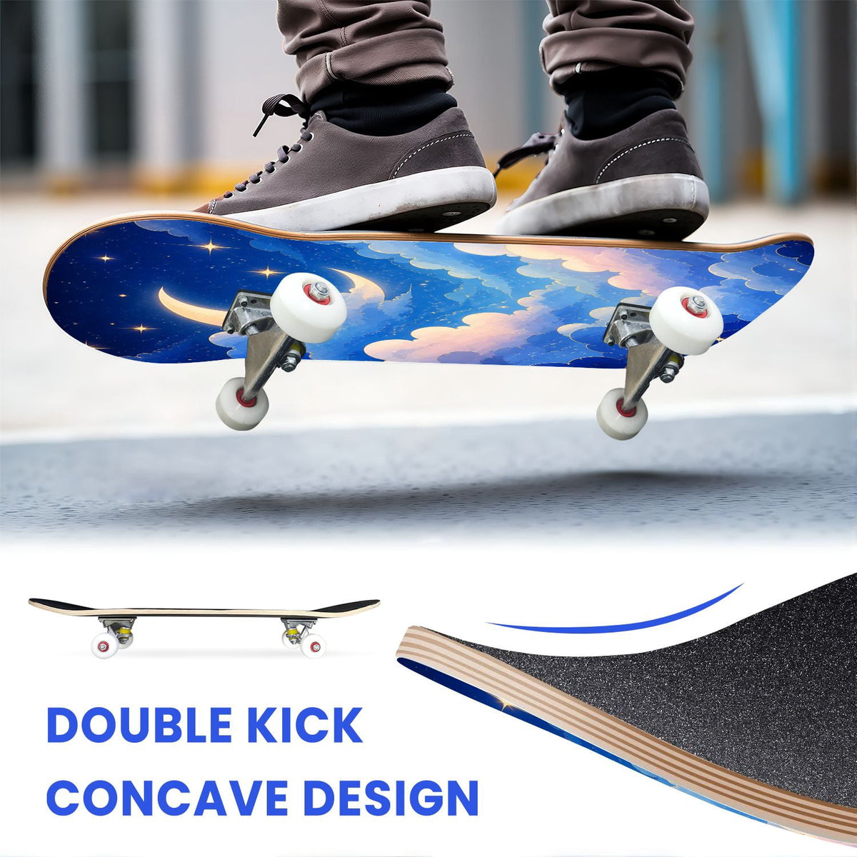 31"x8" Complete Skateboards for Beginners,Blue White Vintage Floral Roses Ornate Swirls Double Kick 7 Ply Canadian Maple Deck Skateboard with Wheels, Gifts for Kids Teens