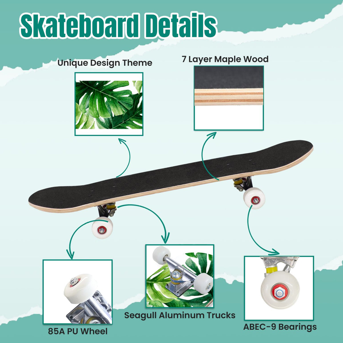 Autumn Forest Camouflage Oak Leaves Tree Branches 31" x 8" Complete Skateboard, 7-Ply Canadian Maple Double Kick Trick Board for Kids and Beginners Adult Gifts