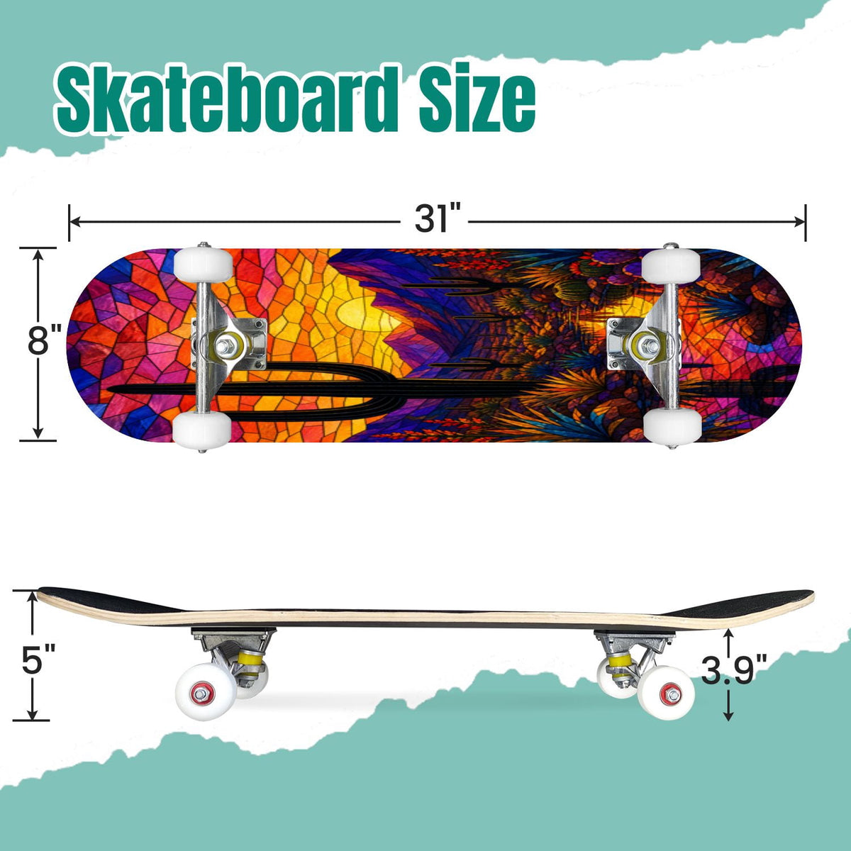 Abstract Geometric Curved Shapes Earthy Tones 31" x 8" Complete Skateboard, 7-Ply Canadian Maple Double Kick Trick Board for Kids and Beginners Adult Gifts