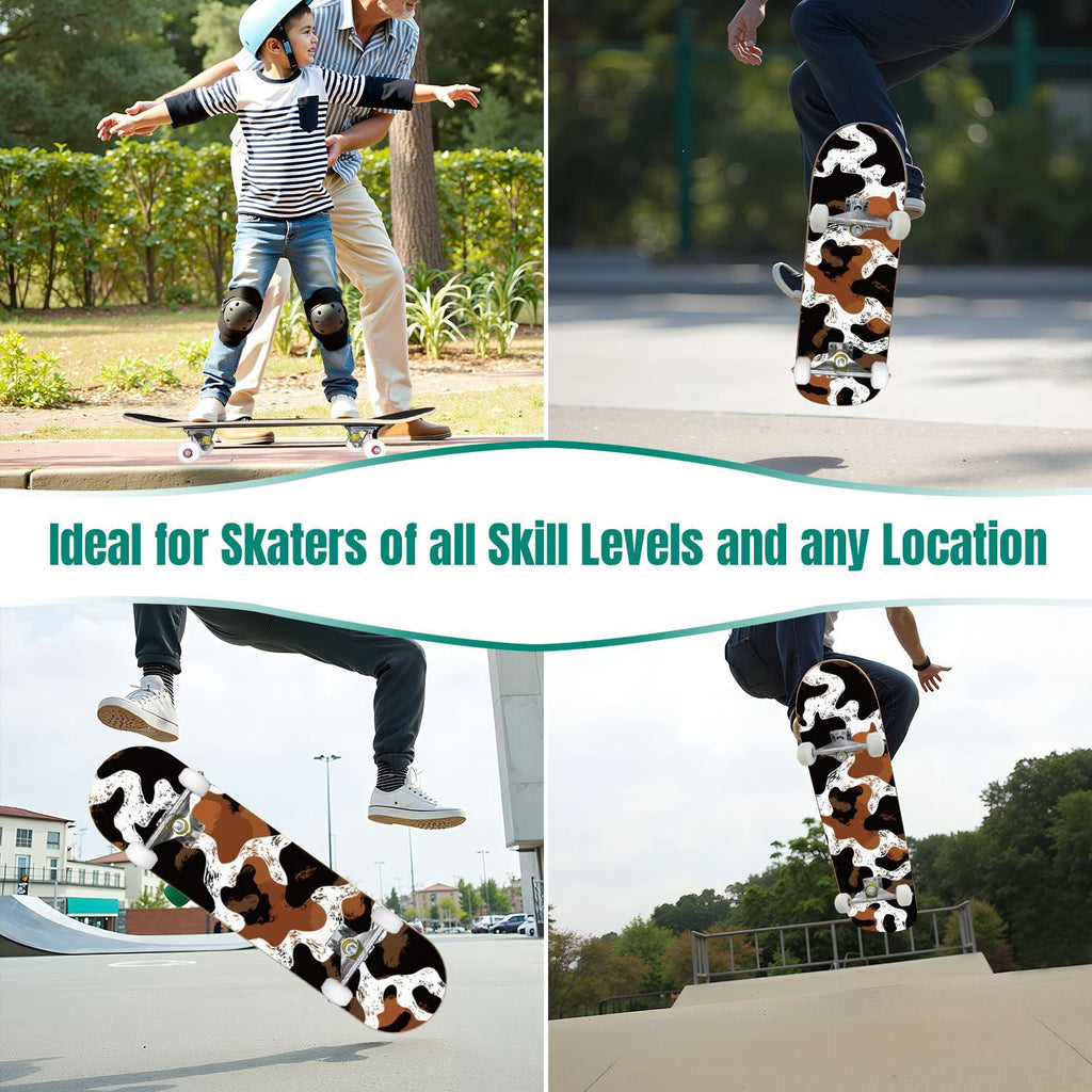 31"x8" Complete Skateboards for Beginners,Leopard Print Black Brown Beige Double Kick 7 Ply Canadian Maple Deck Skateboard with Wheels, Gifts for Kids Teens