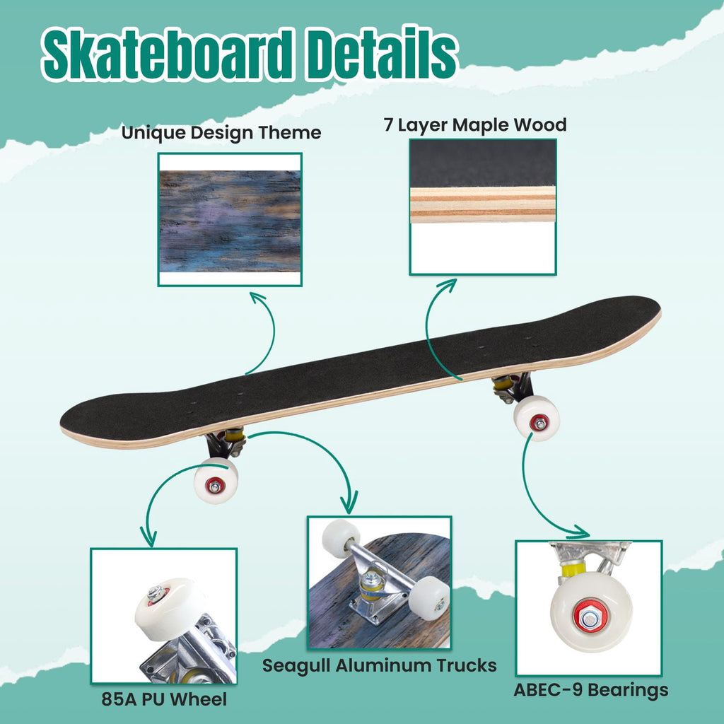 Botanical Embroidery Golden Green Leaves Black 31" x 8" Complete Skateboard, 7-Ply Canadian Maple Double Kick Trick Board for Kids and Beginners Adult Gifts