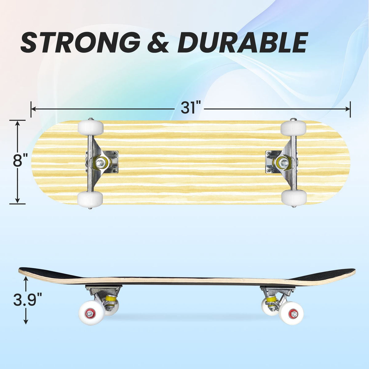 31"x8" Complete Skateboards for Beginners,Vibrant Diagonal Rainbow Gradient Abstract Art Double Kick 7 Ply Canadian Maple Deck Skateboard with Wheels, Gifts for Kids Teens