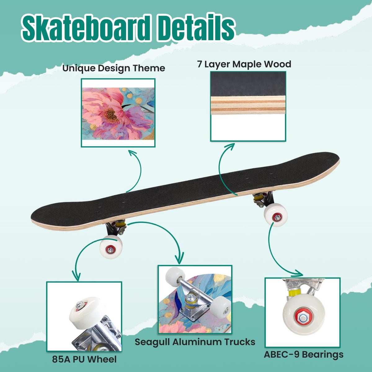 Autumn Forest Camouflage Oak Leaves Tree Branches 31" x 8" Complete Skateboard, 7-Ply Canadian Maple Double Kick Trick Board for Kids and Beginners Adult Gifts
