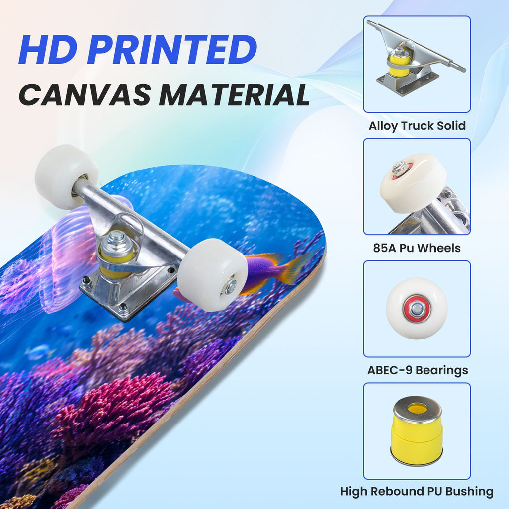 31"x8" Complete Skateboards for Beginners, Colorful Cosmic Octopus Tentacles Starry Marine Life Double Kick 7 Ply Canadian Maple Deck Skateboard with Wheels, Gifts for Kids Teens