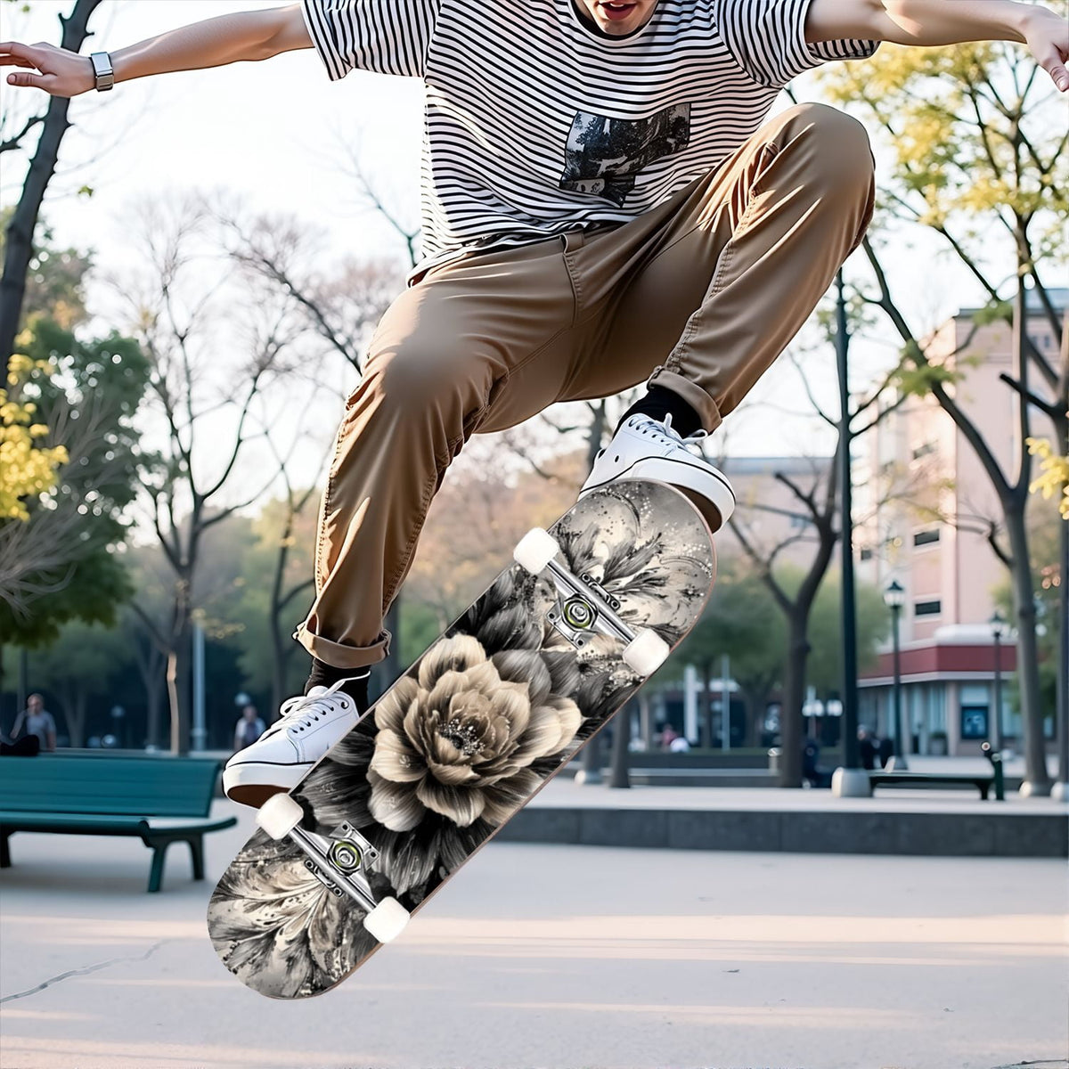 31"x8" Complete Skateboards for Beginners, Birch Trees Abstract Forest Branches Landscape Colorful Double Kick 7 Ply Canadian Maple Deck Skateboard with Wheels, Gifts for Kids Teens