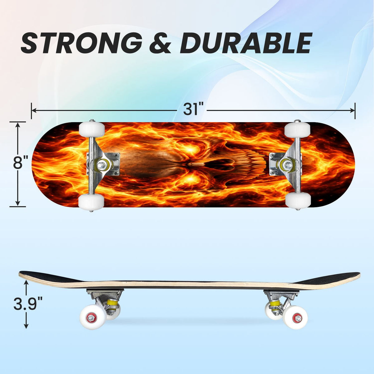 31"x8" Flaming Skull fire Complete Skateboard for Beginners Glowing Eyes Fire Skeleton Dark 7 Layer Maple Deck Double Kick Kids Skateboard with 85A PU Wheels Gifts for Kids Teens