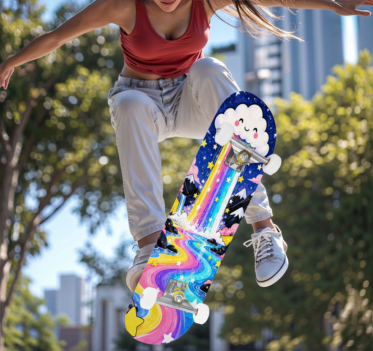 Complete Skateboard Colorful Hearts Graffiti 31 Inch 7-Ply Maple Skateboard with PU Wheels and Aluminum Trucks, Ready-to-Ride Skateboard for Beginners, Teens and Adults