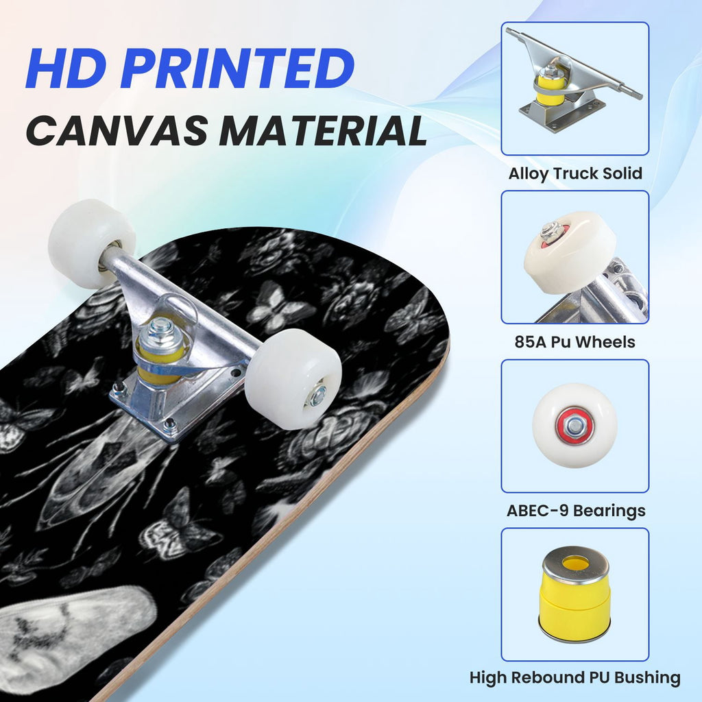 31"x8" Complete Skateboards for Beginners, Ethereal Night Garden Roses Starry Sky Dark Academia Double Kick 7 Ply Canadian Maple Deck Skateboard with Wheels, Gifts for Kids Teens