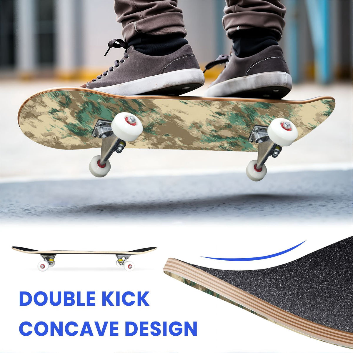 31"x8" Complete Skateboards for Beginners,Abstract Natural Earthy Tones Brush Strokes Camouflage Double Kick 7 Ply Canadian Maple Deck Skateboard with Wheels, Gifts for Kids Teens