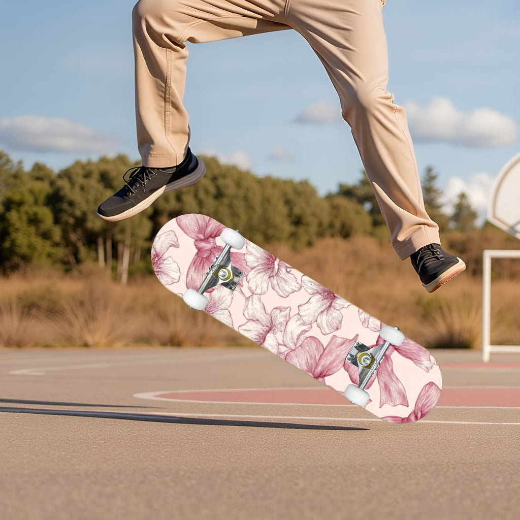 Delicate Pink Floral Ribbon Design 31" x 8" Complete Skateboard, 7-Ply Canadian Maple Double Kick Trick Board for Kids and Beginners Adult Gifts