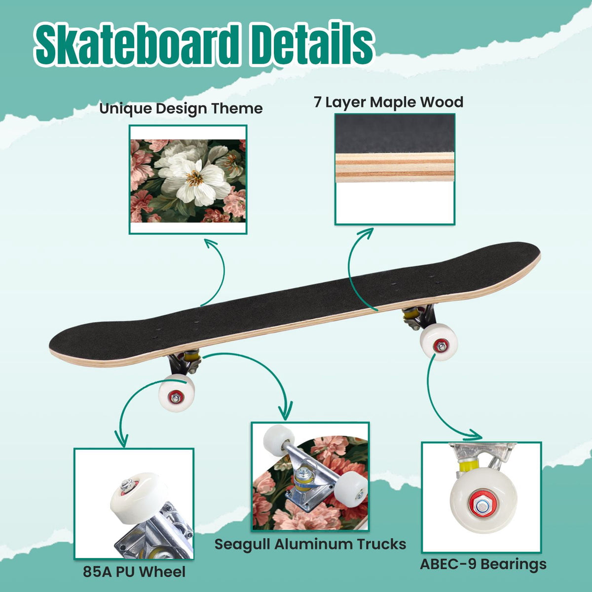 Seashells Starfish Sandy Beach Soft Lighting 31" x 8" Complete Skateboard, 7-Ply Canadian Maple Double Kick Trick Board for Kids and Beginners Adult Gifts