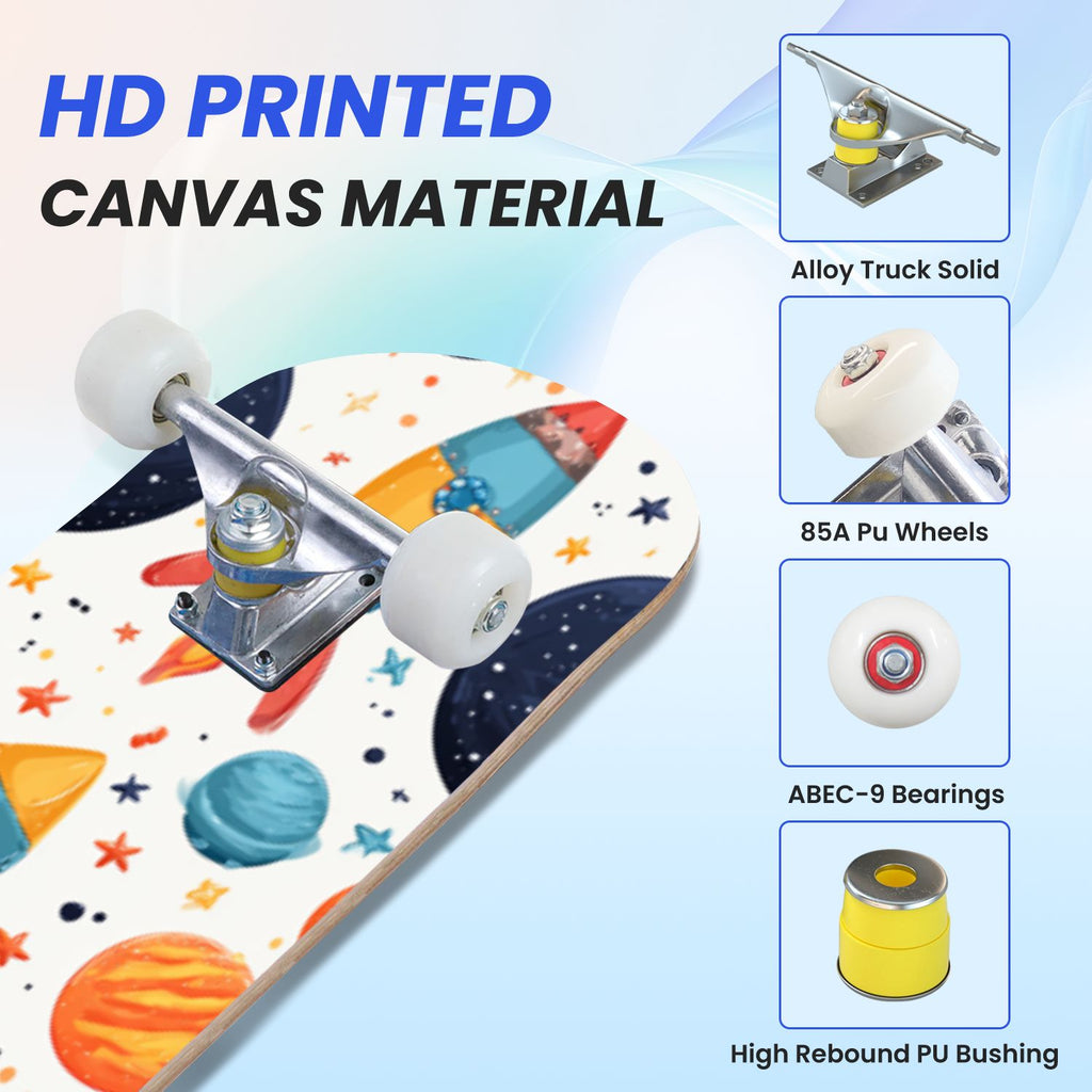 31"x8" Complete Skateboards for Beginners,Cartoon Hand Drawn Ice Cream Doodles Seamless Cones Cupcakes Double Kick 7 Ply Canadian Maple Deck Skateboard with Wheels, Gifts for Kids Teens