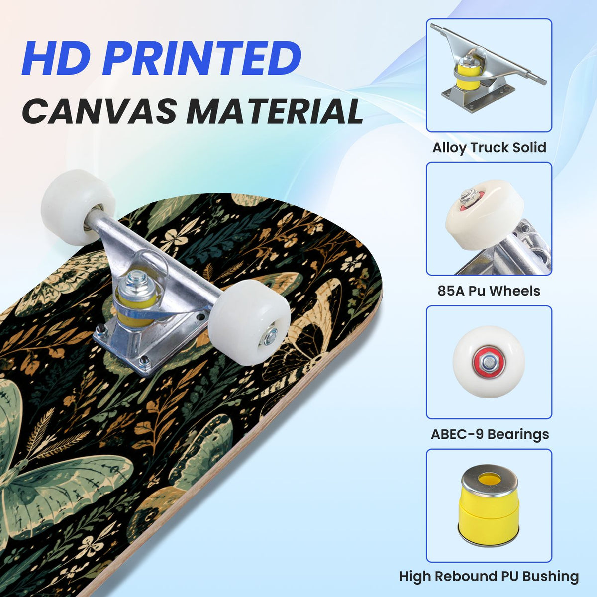 31"x8" Complete Skateboards for Beginners, Butterfly Garden Vintage Botanical Motifs Dark Green Teal Double Kick 7 Ply Canadian Maple Deck Skateboard with Wheels, Gifts for Kids Teens