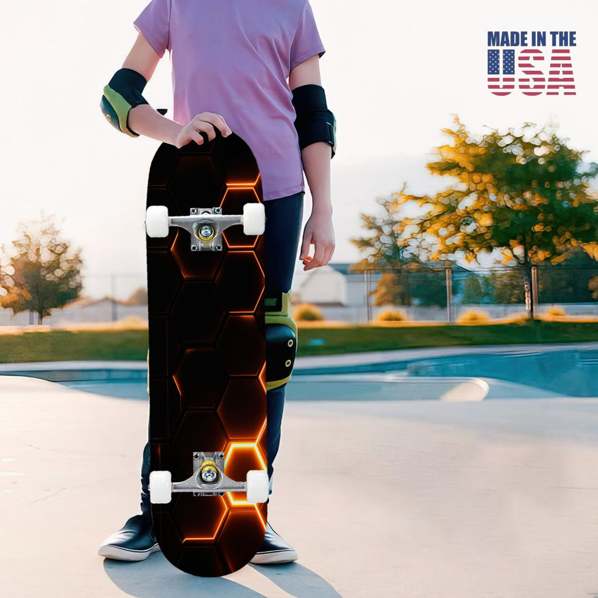 31"x8" Complete Skateboards for Beginners, Honeycomb Futuristic Hexagonal Neon Glowing Orange Light Double Kick 7 Ply Canadian Maple Deck Skateboard with Wheels, Gifts for Kids Teens