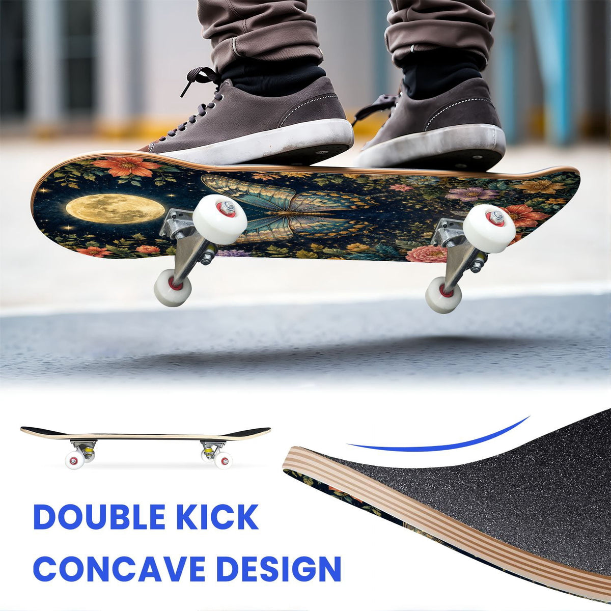 31"x8" Complete Skateboards for Beginners, Colorful Butterfly Blooming Flowers Under Full Moon Starry Double Kick 7 Ply Canadian Maple Deck Skateboard with Wheels, Gifts for Kids Teens