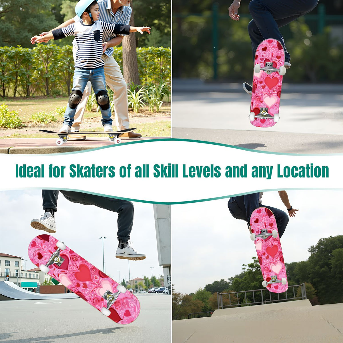 31"x8" Complete Skateboards for Beginners, Soft Blue Cream Striped Design Double Kick 7 Ply Canadian Maple Deck Skateboard with Wheels, Gifts for Kids Teens