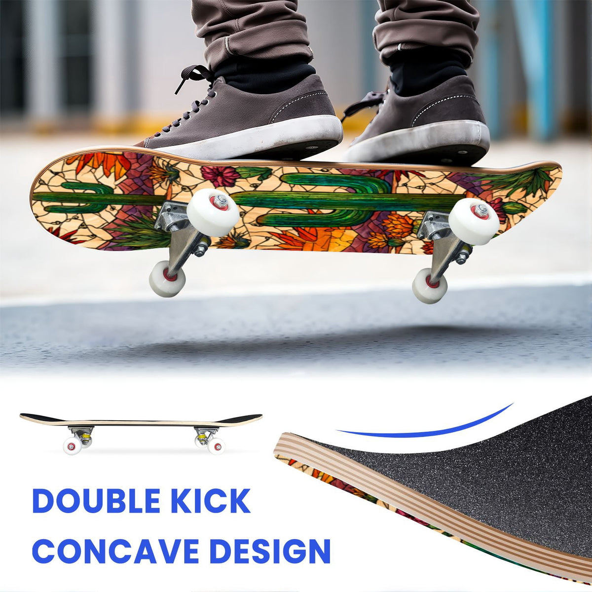 31"x8" Complete Skateboards for Beginners,Bold Stained Glass Western Double Kick 7 Ply Canadian Maple Deck Skateboard with Wheels, Gifts for Kids Teens