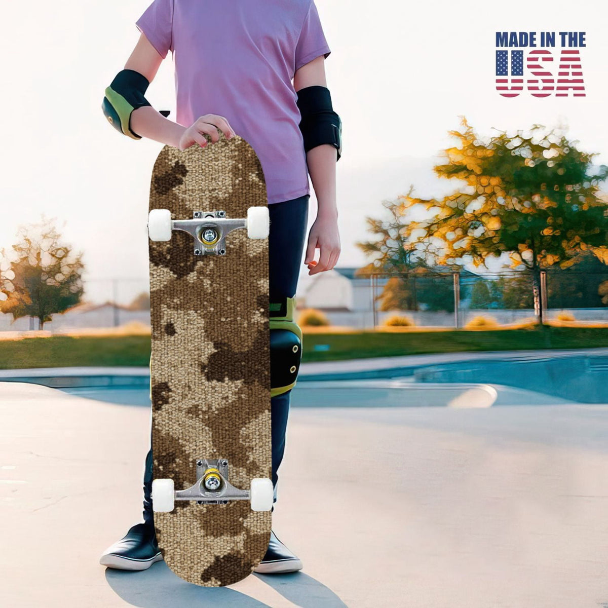 31"x8" Complete Skateboards for Beginners,Desert Camouflage Beige Tan Cream Organic Abstract Shapes Double Kick 7 Ply Canadian Maple Deck Skateboard with Wheels, Gifts for Kids Teens